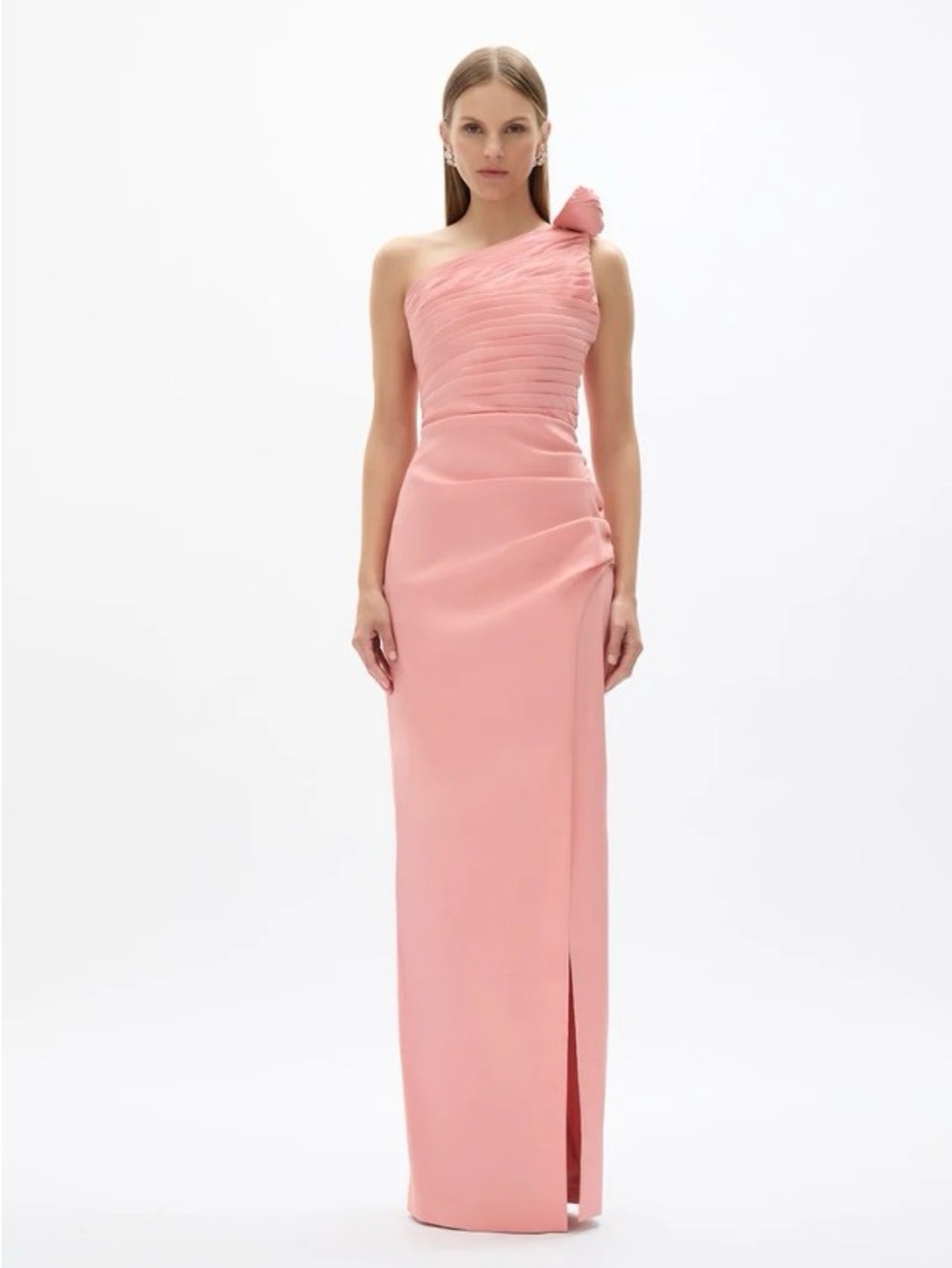 Rachel Gilbert Josie Blush Pink One-Shoulder Ruch Column Maxi Gown AU8/US4 NWOT